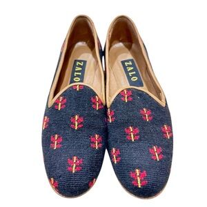 Zalo slip on Loafers navy & red Embroidery & tan leather trim size 7N